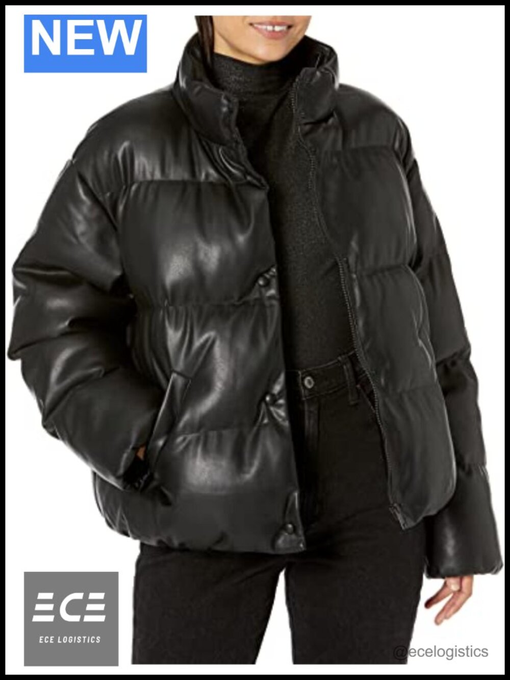 Faux Leather Puffer Jacket Quilted Cropped Long Sleeve Fall Casual Coat